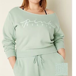 Victoria Secret PINK FLEECE CROPPED SWEATSHIRT off shoulder Logo Sz L